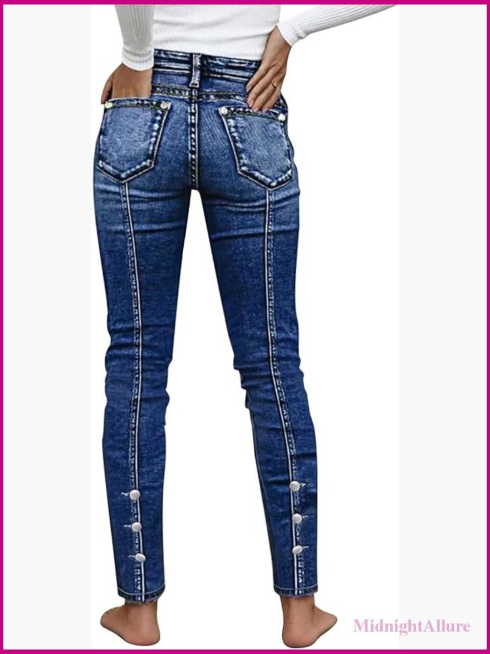 Butt Lifting Skinny Jeans Mid Waist Button Side Stitch Detail Trendy Denim